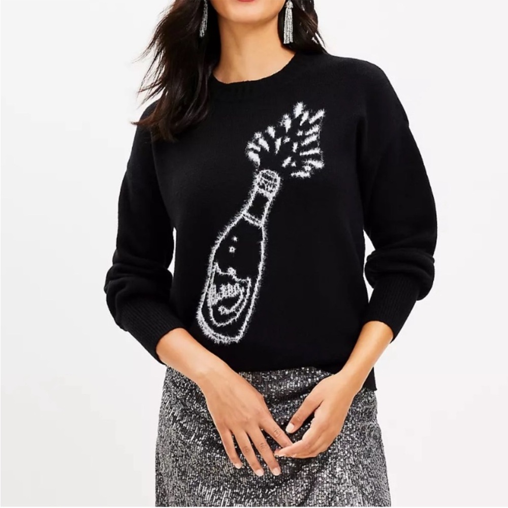 LOFT Black Champagne Bottle Celebration Sweater Medium